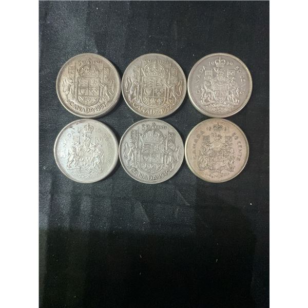 6 Canadian .800 Silver Half Dollars, 70g, 1.80 Troy Ounces