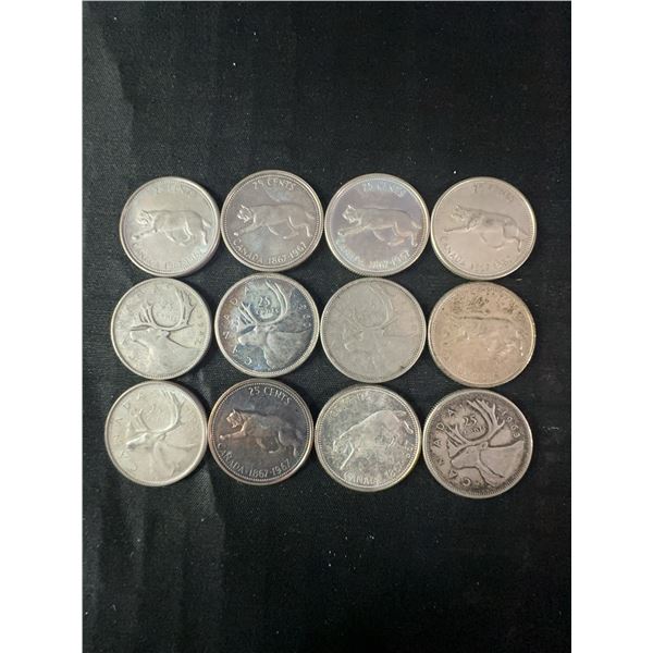 12 Canadian .800 Silver Quarters, 70g Total, 1.80 Troy Oz Silver