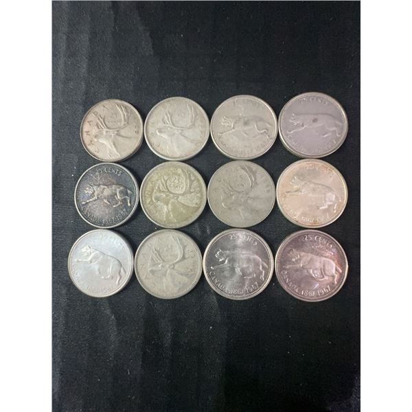 12 Canadian .800 Silver Quarters, 70g, 1.80 Troy Ounces Total