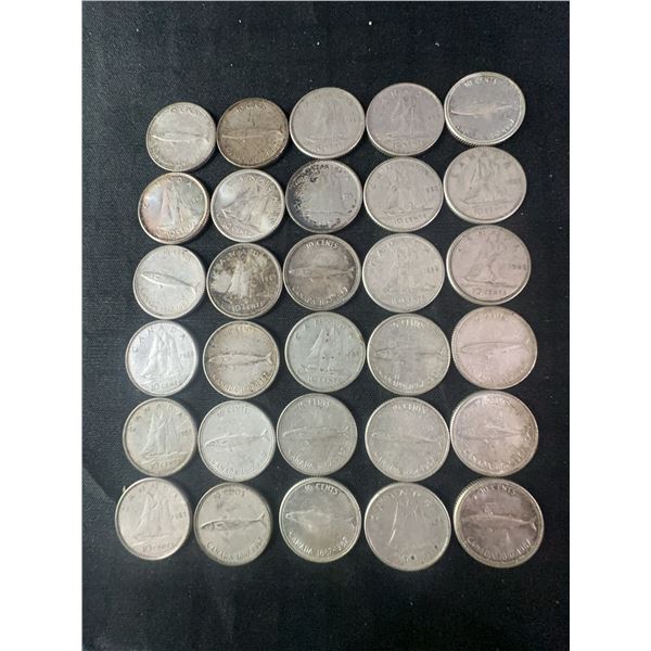 30 Canadian .800 Silver Dimes, 1.80 Troy Ounces Total