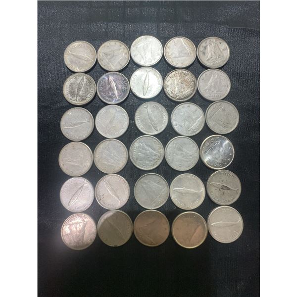 30 Canadian 0.800 Silver Dimes, 70g Total Weight