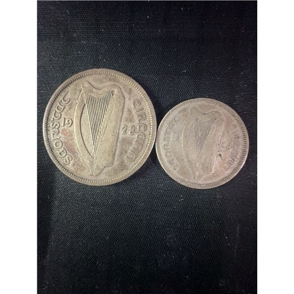 1928 Irish Half Crown and Shilling .750 Silver Coins, 20g