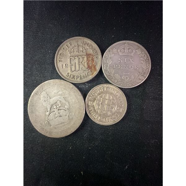 4 British Silver Coins: 6 Pence, 3 Pence, and Shilling (1904–1944)