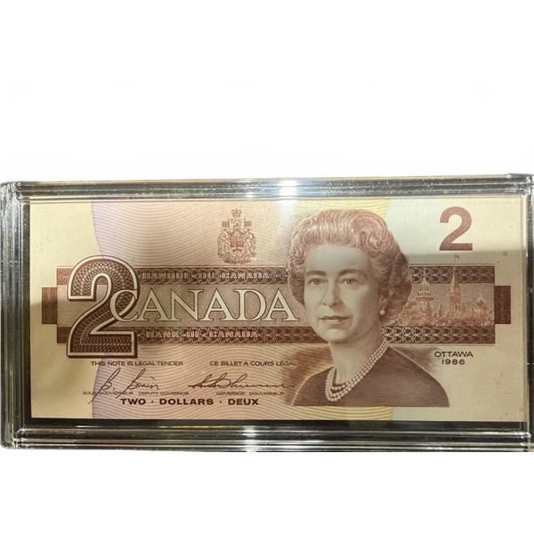 1986 Canada $2 Banknote EGU3275819, Queen Elizabeth II, Encased