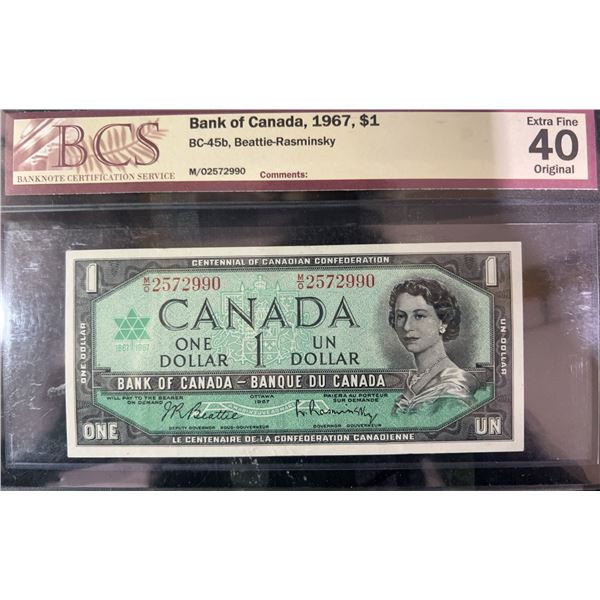 1967 Bank of Canada $1 Bill, Centennial, BCS EF40, BC-45b