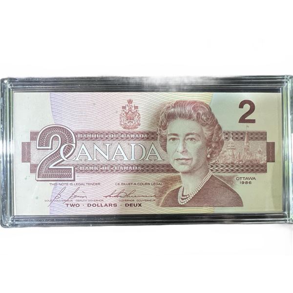 1986 Canada $2 Banknote, EGU3275813, Elizabeth II, Encased