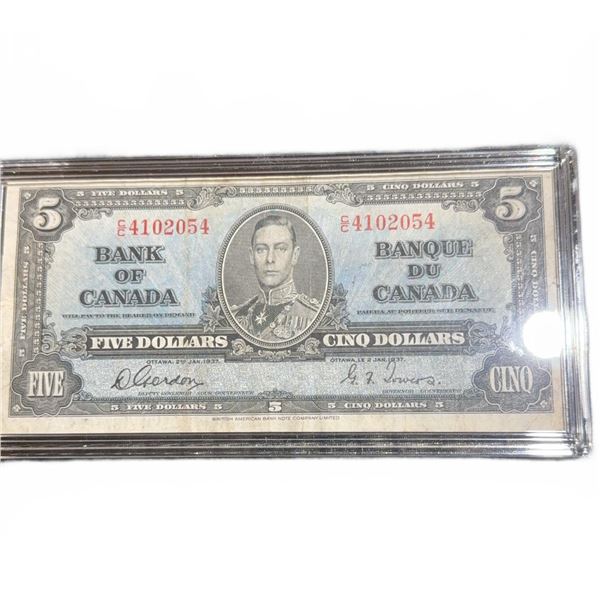1937 Bank of Canada $5 Bill, George VI, Serial E4102054