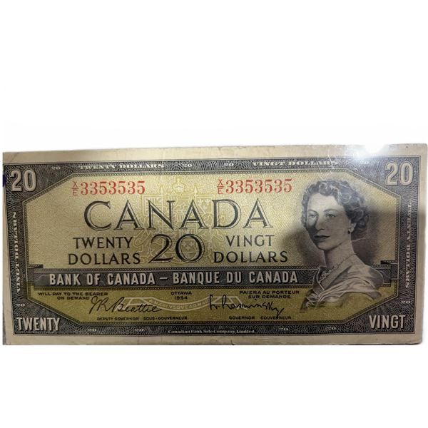 1954 Bank of Canada $20 Bill, Devil's Face, Serial 33535355
