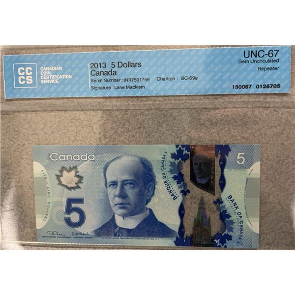2013 Canada $5 Banknote CCCS UNC-67 Repeater Serial INR7591759