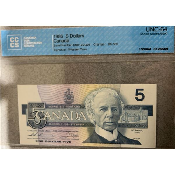 1986 Canadian $5 Bill, CCCS UNC-64, Thiessen Crow, FNH1253424