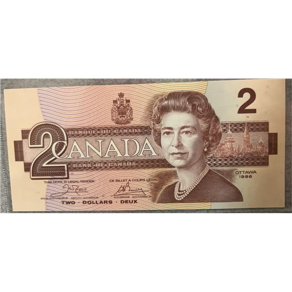 1986 Canada $2 Banknote, Queen Elizabeth II, AU Condition