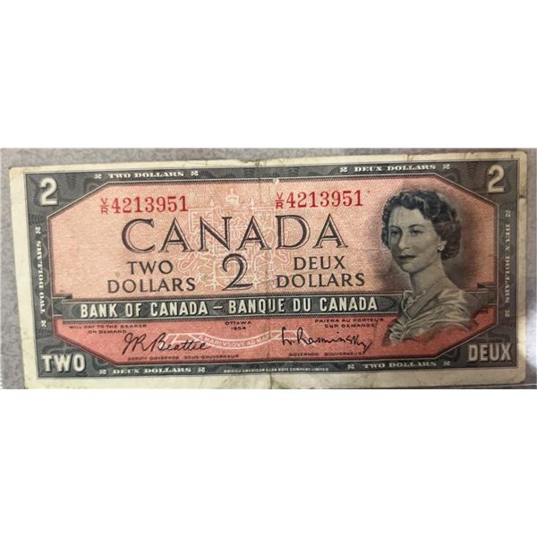 1954 Canadian $2 Banknote, Signed by Beattie-Rasminsky