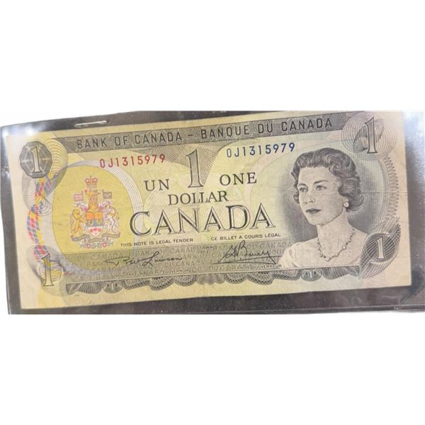 1973 Bank of Canada One Dollar Bill, Serial OJ1315979