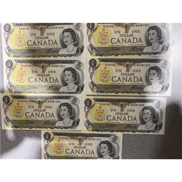 Run of 7 Sequential 1954 Canadian $1 Banknotes