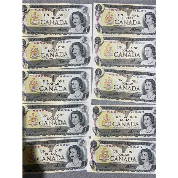 Consecutive 1973 Canada $1 Banknotes, Lot of 11, AMK8765070–AMK8765079