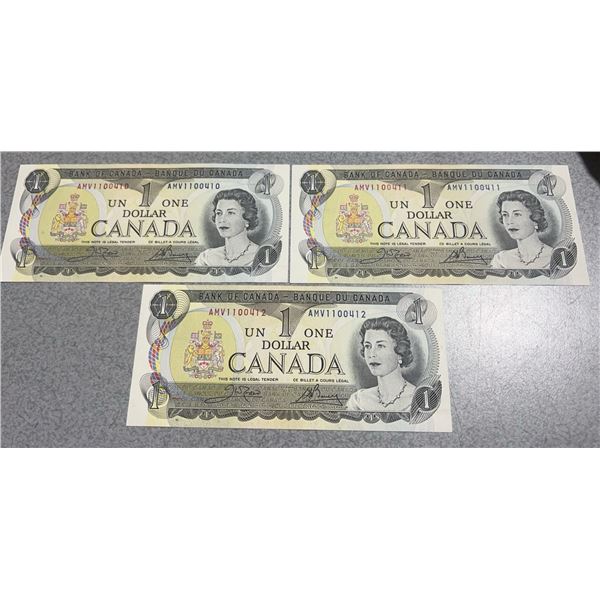 Bank of Canada $1 Notes 1973 Consecutive AMV1100410-412 UNC