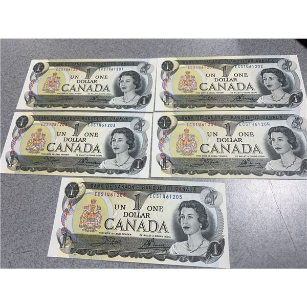 5 Sequential 1954 Canadian $1 Banknotes Uncirculated