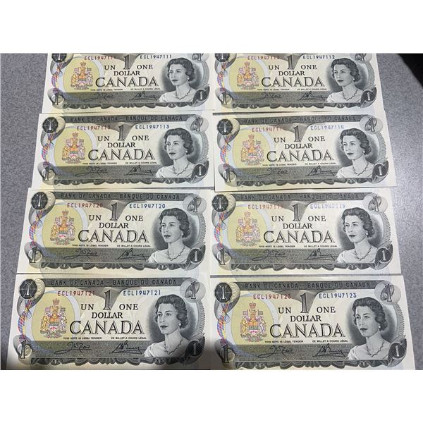 Sequential 1954 Canada $1 Notes, 9 Uncirculated, ECL1947111-ECL1947123