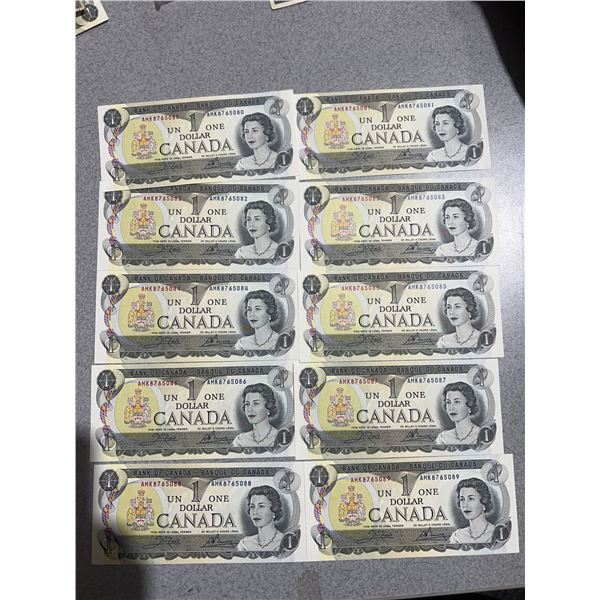 Consecutive 1973 Bank of Canada $1 Notes - Lot of 10
