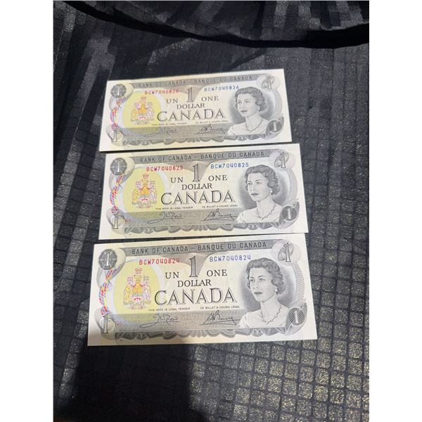 Run of 3 1973 Bank of Canada $1 Bills (BCM70 40824, 40825, 40826)