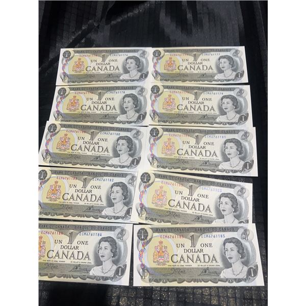 Consecutive 1954 Bank of Canada $1 Notes, Lot of 10 UNC