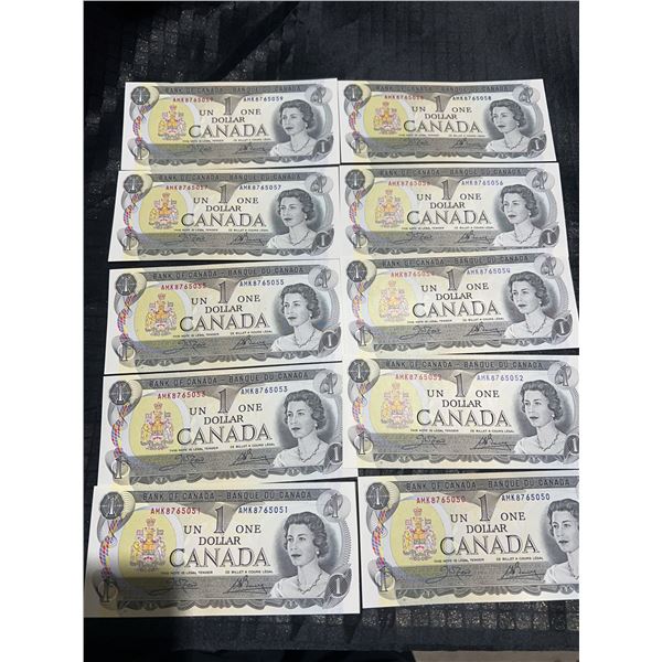 Consecutive 1954 Series Canadian $1 Banknotes (AMK8765050–AMK8765059)
