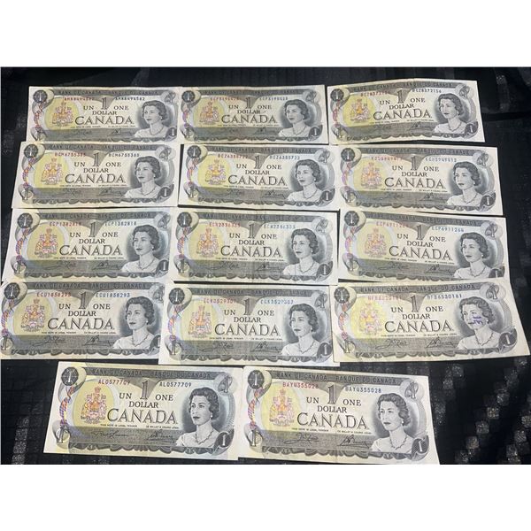 14 Canadian $1 Banknotes, 1954-1967, Queen Elizabeth II