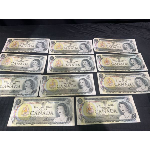 12 Bank of Canada $1 Notes, 1954 Series, Mixed Serial Numbers