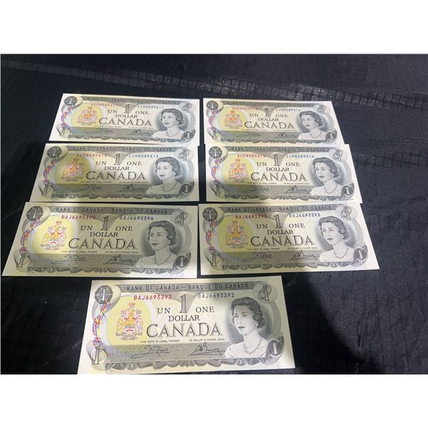 7 Canadian $1 Banknotes, 1973, Serial Numbers ECM8059614–17, BAJ6693391–93