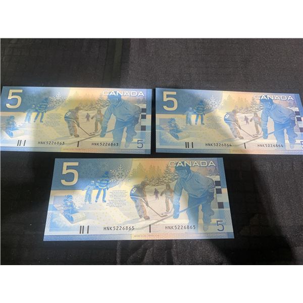 Consecutive Canadian $5 Polymer Banknotes HNK5226863-HNK5226865