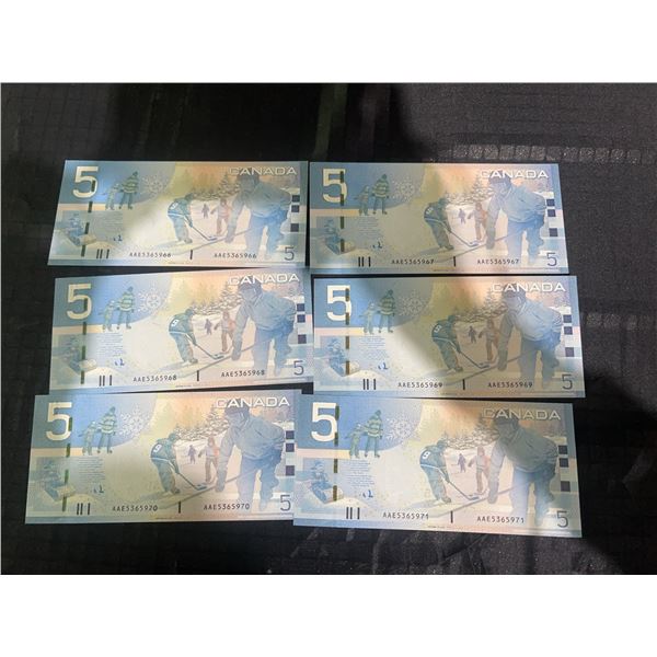 Consecutive Serial Number Canada $5 Polymer Banknotes, Lot of 6