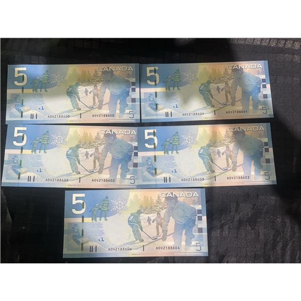 Canadian $5 Polymer Notes Sequential 6-Pack AOV2188600–AOV2188605