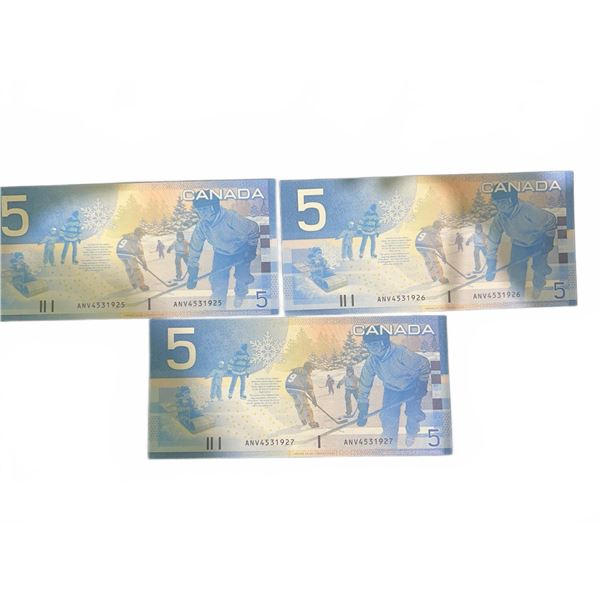 Three Consecutive Serial $5 Canadian Polymer Banknotes