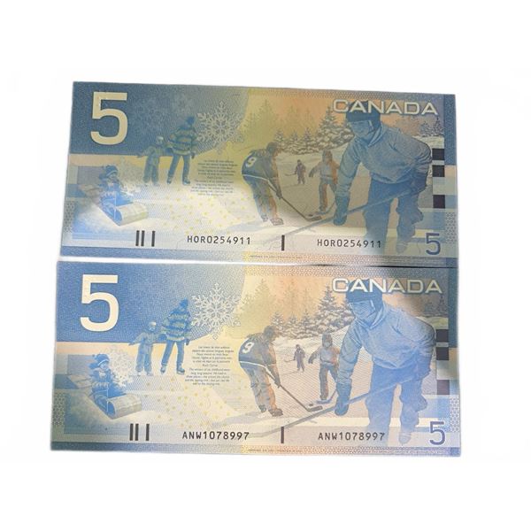 Canada $5 Polymer Banknotes Hockey Scene Consecutive Serial Numbers
