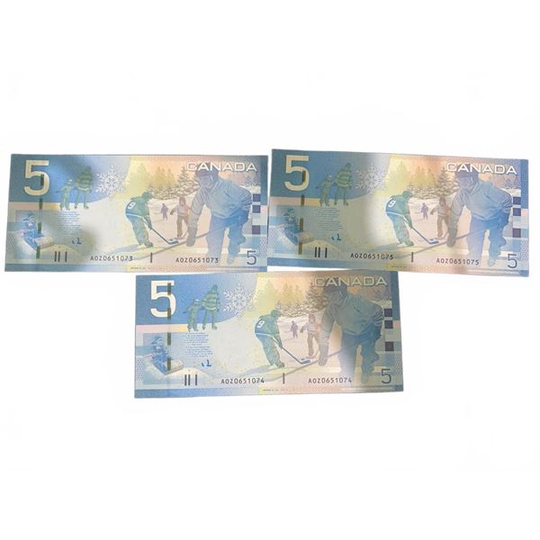 Three Consecutive Canada $5 Polymer Banknotes AOZ0651073-75