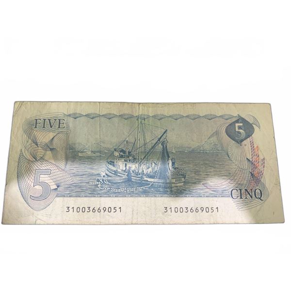 1972 Bank of Canada $5 Bill, Series 1972, Serial 31003669051