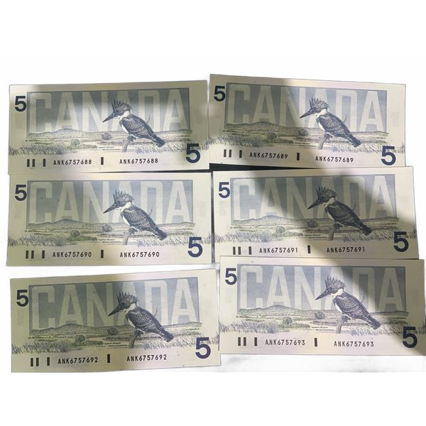 Consecutive 1986 Canada $5 Bills, Bird Series, Kingfisher, Lot of 6