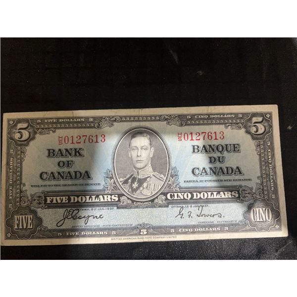 1937 Bank of Canada $5 Bill, King George VI, Serial 0127613