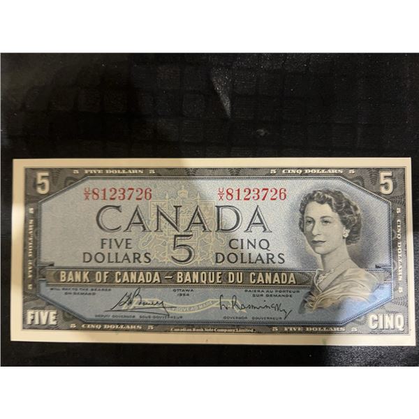 1954 Bank of Canada $5 Bill, Modified Portrait, Serial #8123726