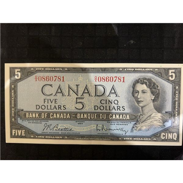 1954 Canadian $5 Banknote, Modified Portrait, Prefix XO, 0860781