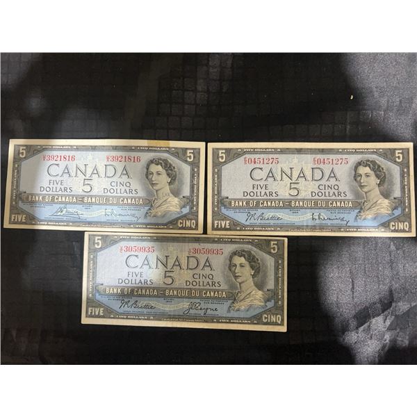 3 Canada 1954 $5 Banknotes, Devil's Face, Elizabeth II