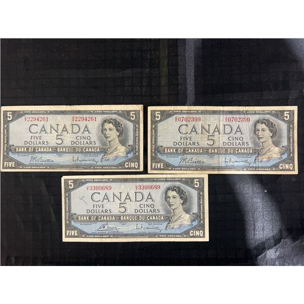 Three 1954 Canada $5 Banknotes, Landscape Back