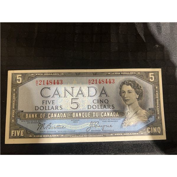 1954 Bank of Canada $5 Dollar Bill, Serial 2148443, Queen Elizabeth II