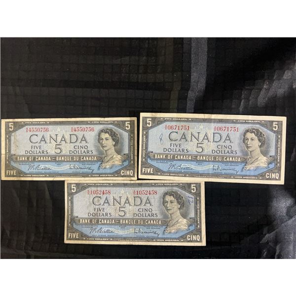 Three 1954 Bank of Canada $5 Notes - Modified Portrait