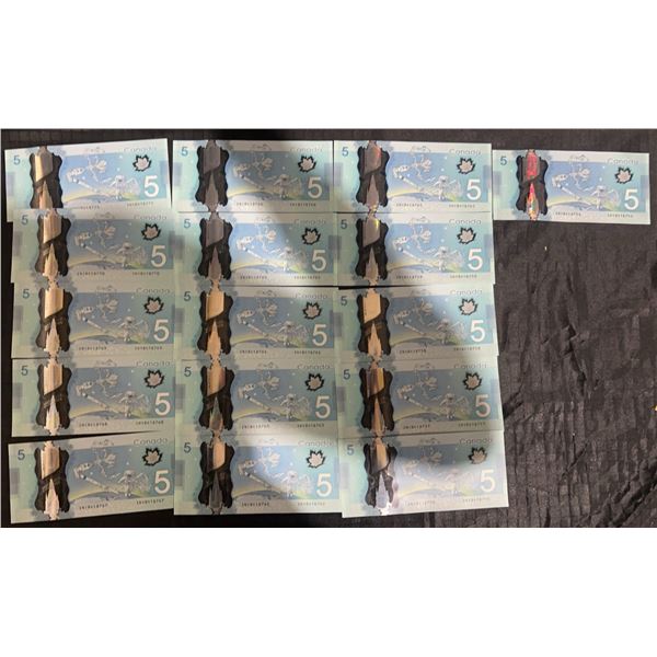 Canadian $5 Polymer Notes, Sequential Serial Numbers, 18 Bills