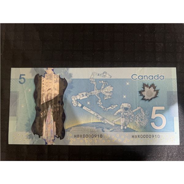 Canada $5 Polymer Note HBR0000910 Low Serial Number