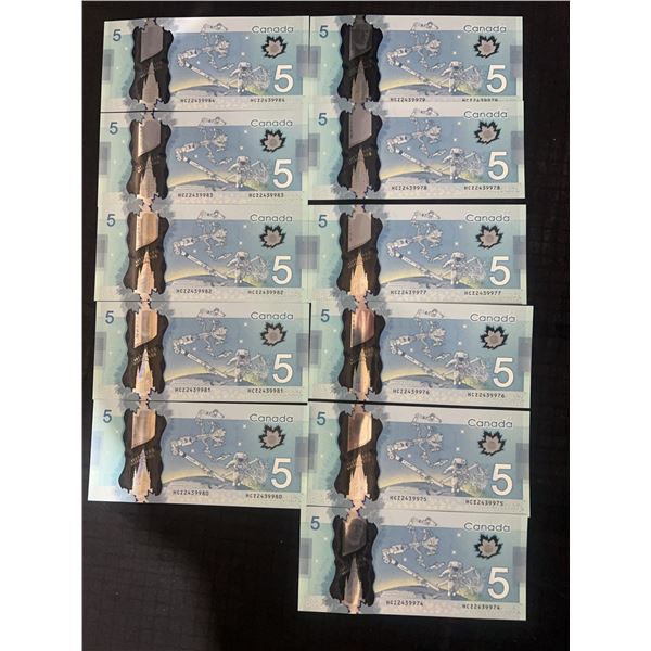 Sequential Polymer Canadian $5 Banknotes Lot of 12 (Individual Bills)