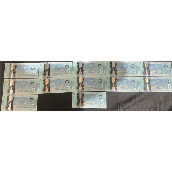 Sequential Series of 14 Canadian $5 Polymer Banknotes