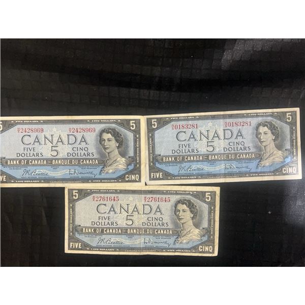 1954 Canada $5 Banknotes Lot of 3, Bank of Canada