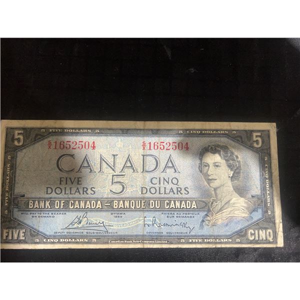 1954 Canadian $5 Banknote, BC-30b, Queen Elizabeth II, Modified Portrait